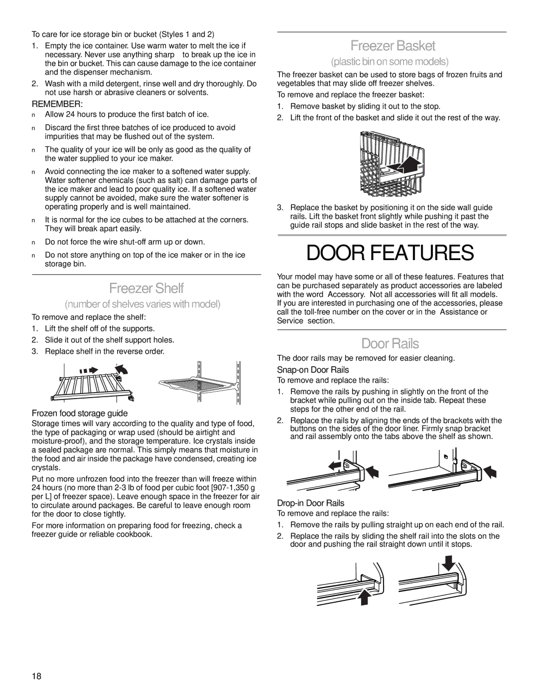 Whirlpool 2206106 manual Door Features, Freezer Shelf, Freezer Basket, Door Rails 