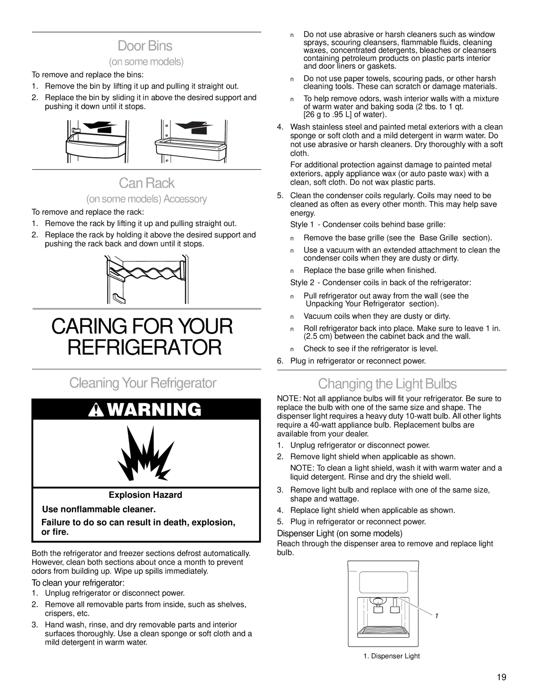 Whirlpool 2206106 Caring for Your Refrigerator, Door Bins, Can Rack, Cleaning Your Refrigerator, Changing the Light Bulbs 