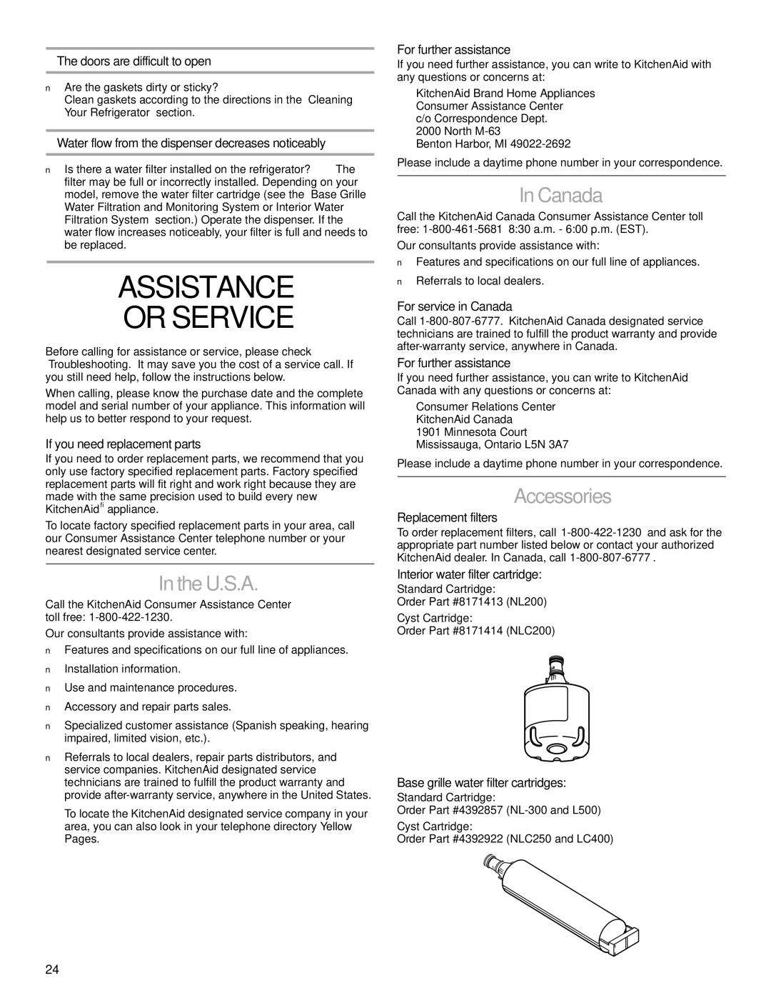 Whirlpool 2206106 manual Assistance Or Service, U.S.A, Canada, Accessories 