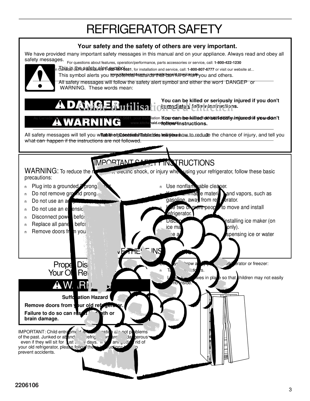 Whirlpool 2206106 manual Refrigerator Safety, Before you throw away your old refrigerator or freezer 