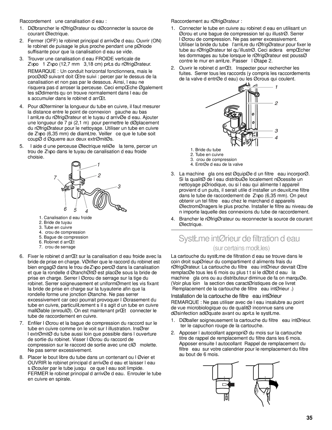 Whirlpool 2206106 manual Système intérieur de filtration d’eau, Surcertains modèles, Raccordement à une canalisation d’eau 