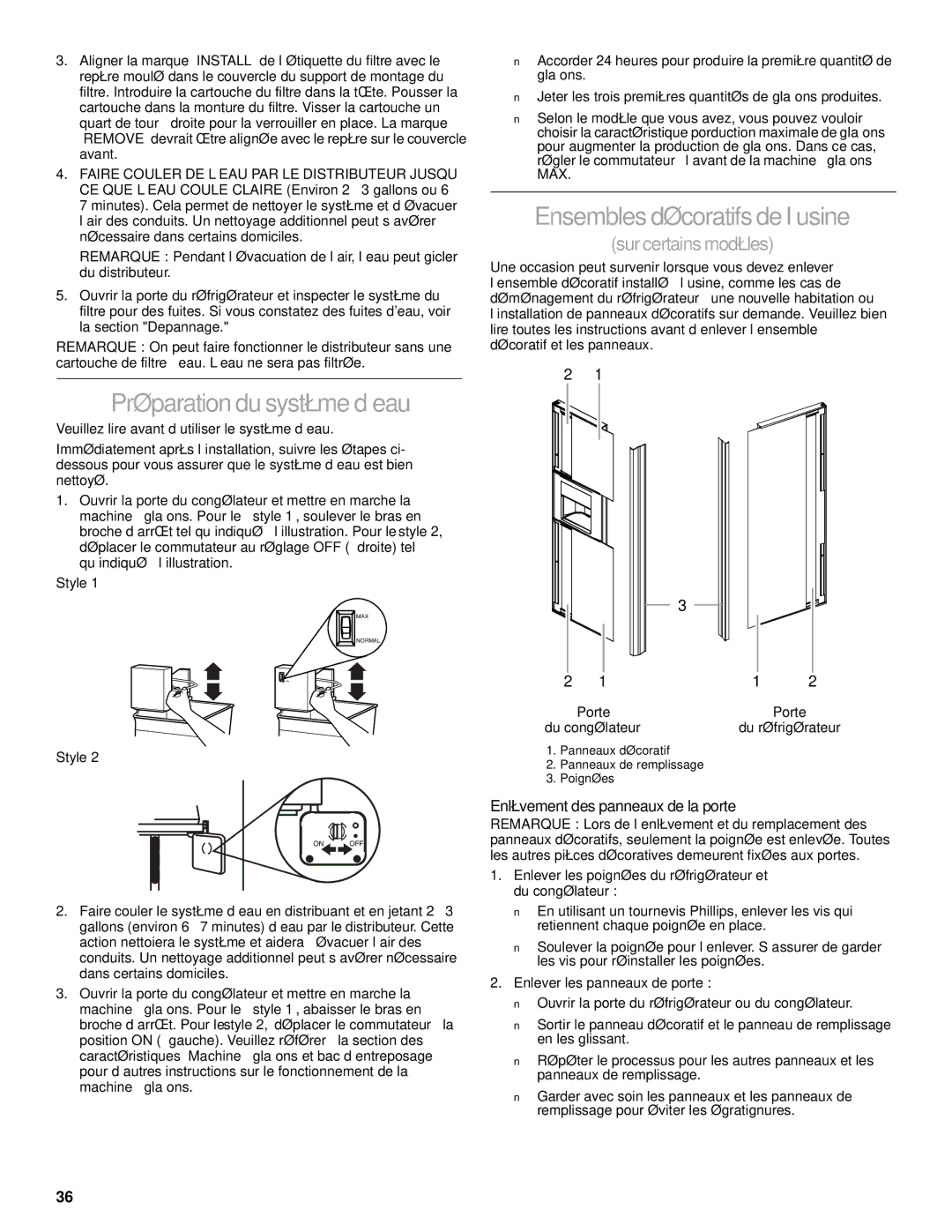 Whirlpool 2206106 manual Préparation du système d’eau, Ensembles décoratifs de l’usine, Enlèvement des panneaux de la porte 