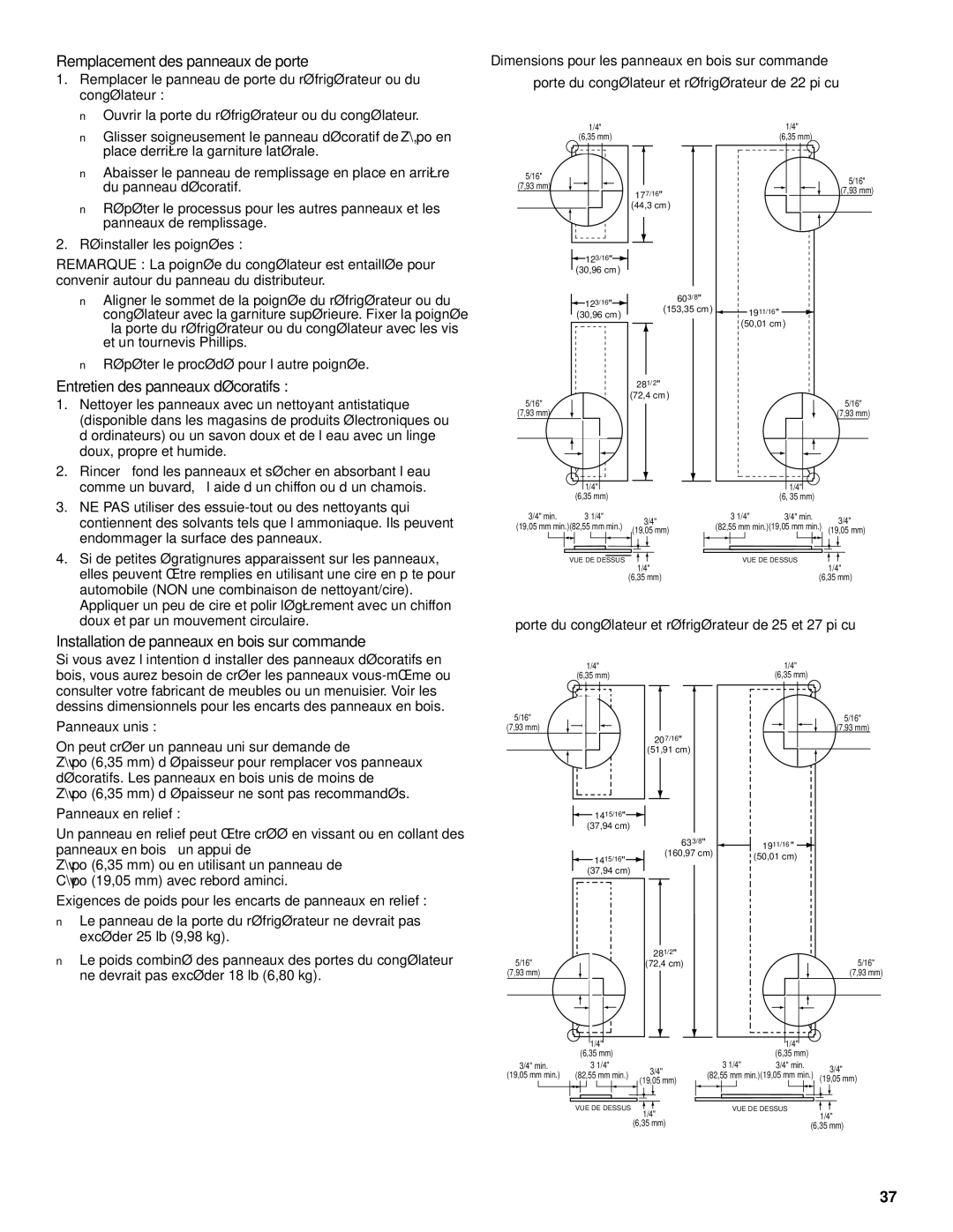 Whirlpool 2206106 manual Remplacement des panneaux de porte, Entretien des panneaux décoratifs 