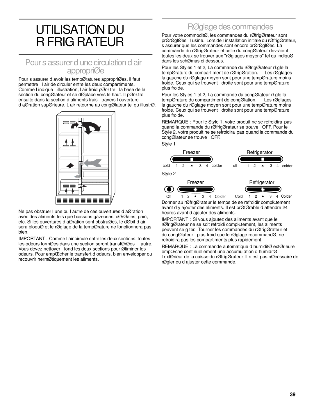 Whirlpool 2206106 Utilisation DU Réfrigérateur, Pours’assurer d’une circulationd’air Appropriée, Réglagedes commandes 