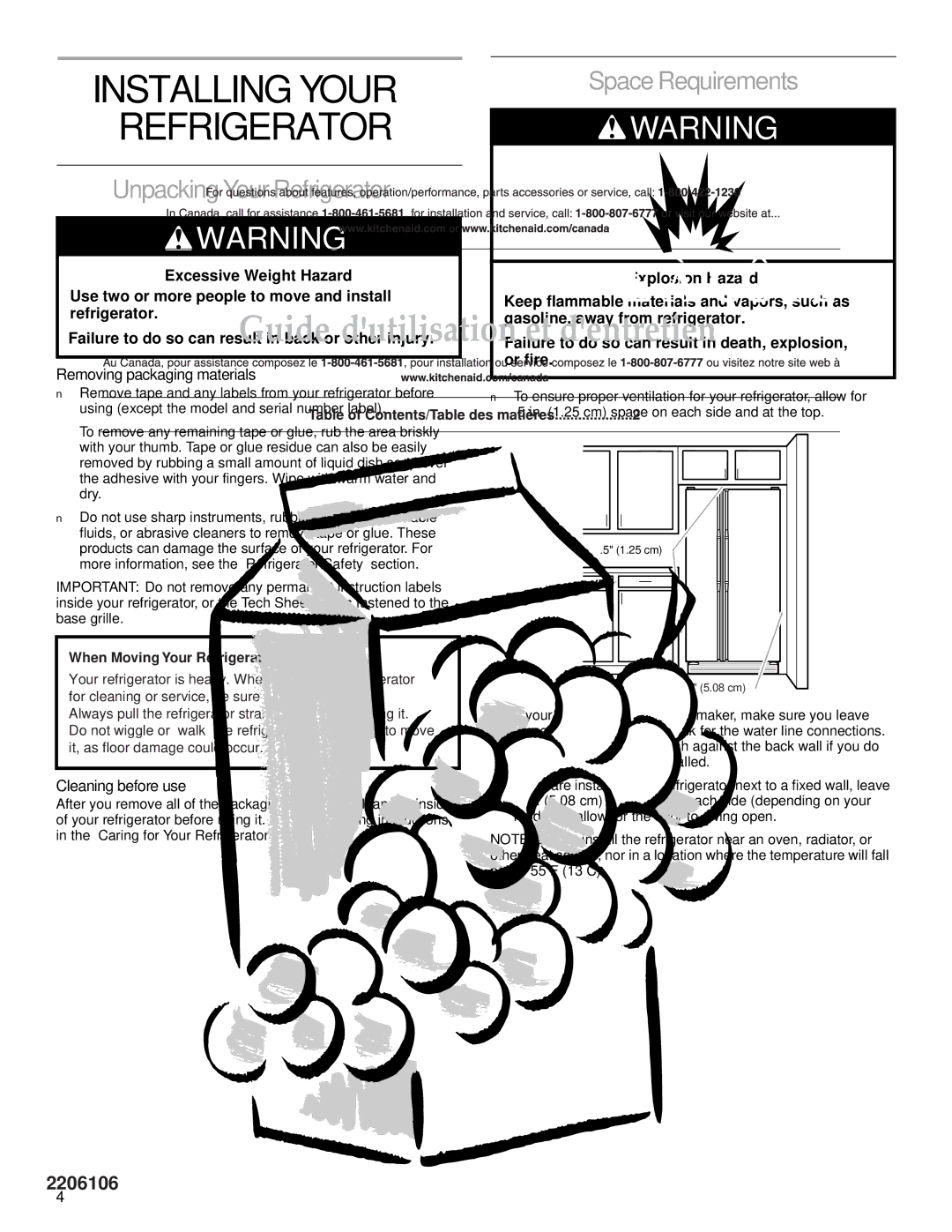 Whirlpool 2206106 manual Installing Your Refrigerator, Unpacking Your Refrigerator, Space Requirements, Cleaning before use 