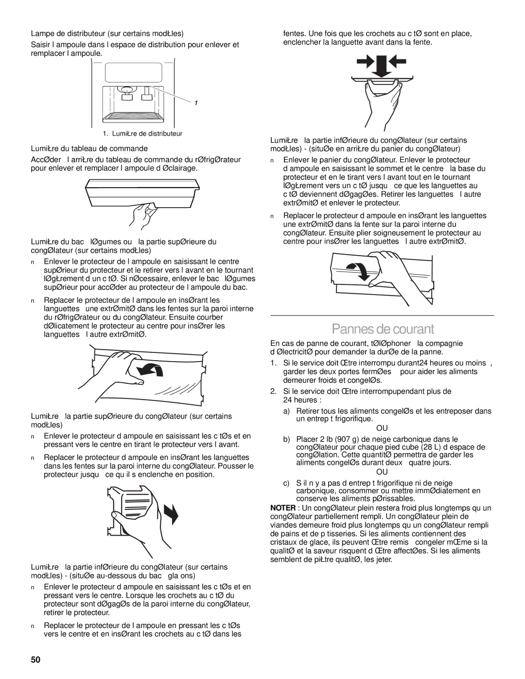 Whirlpool 2206106 Pannes de courant, Lampe de distributeur sur certains modèles, Lumière du tableau de commande, Heures 