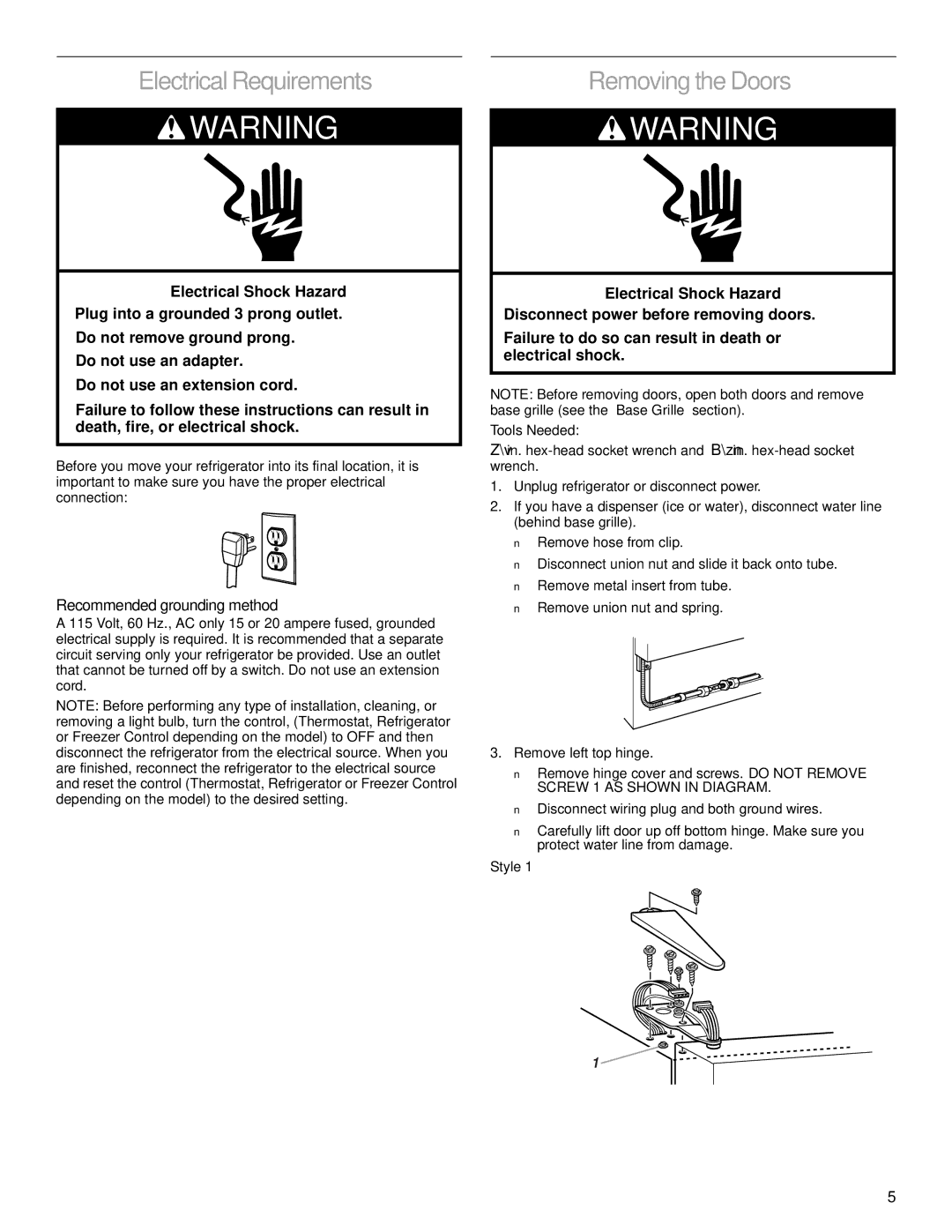 Whirlpool 2206106 Electrical Requirements, Removing the Doors, Recommended grounding method, Screw 1 AS Shown in Diagram 