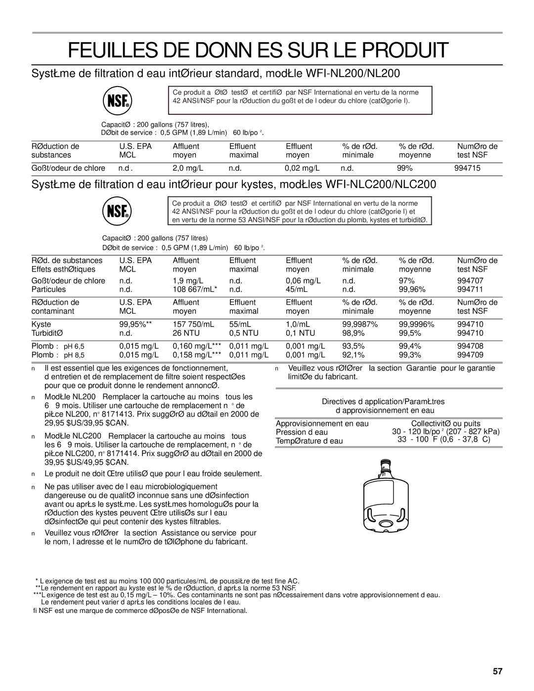 Whirlpool 2206106 manual Feuilles DE Données SUR LE Produit 