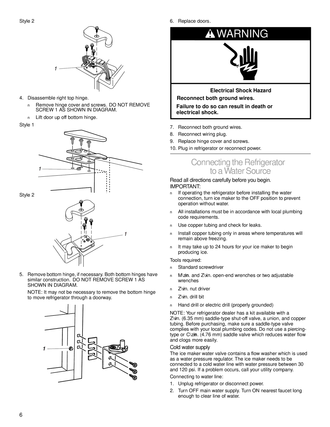 Whirlpool 2206106 manual Connecting the Refrigerator To a Water Source, Read all directions carefully before you begin 