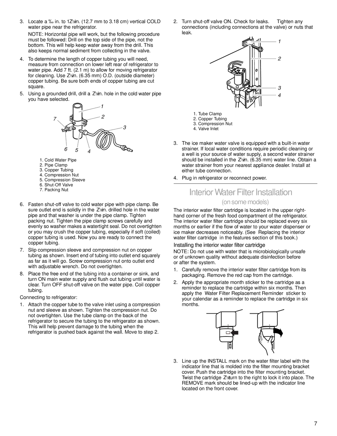 Whirlpool 2206106 manual Interior Water Filter Installation, Onsomemodels, Installing the interior water filter cartridge 