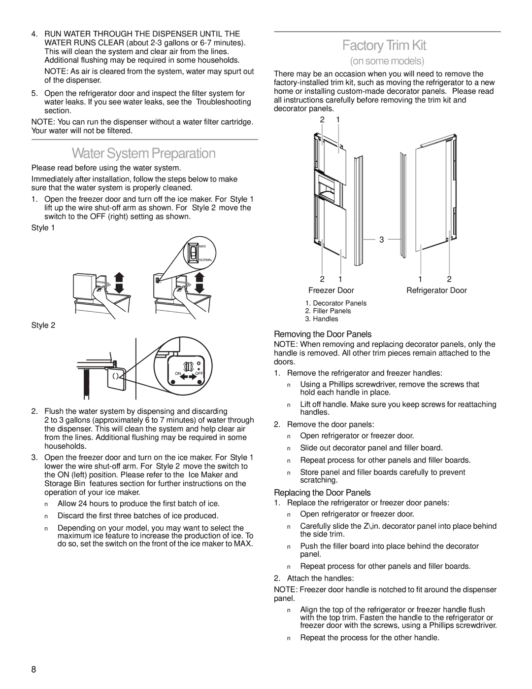 Whirlpool 2206106 manual FactoryTrimKit, Water System Preparation, Removing the Door Panels, Replacing the Door Panels 