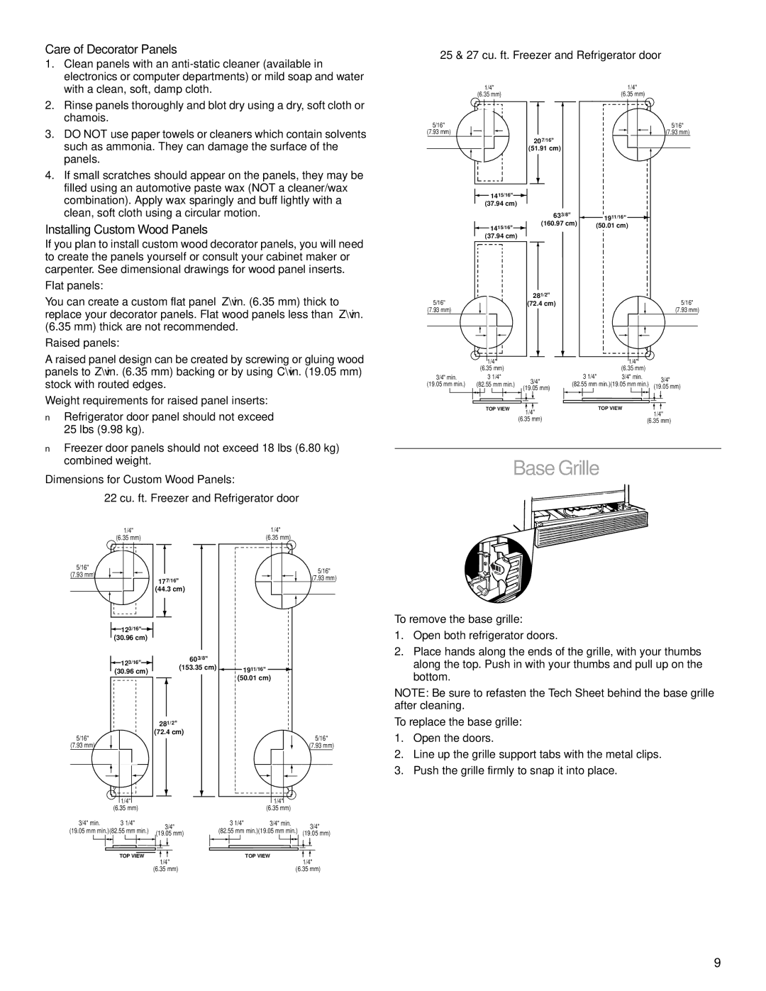 Whirlpool 2206106 manual Base Grille, Care of Decorator Panels, Installing Custom Wood Panels 