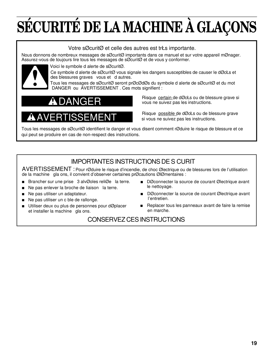 Whirlpool 2208357 manual Sécurité DE LA Machine À Glaçons, Votre sécurité et celle des autres est très importante 