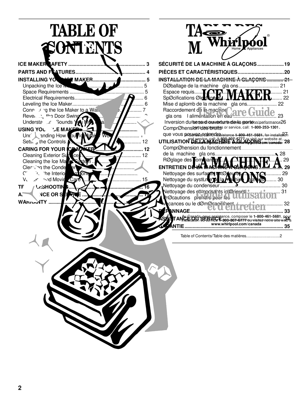 Whirlpool 2208357 manual Contents, Table DES Matières 