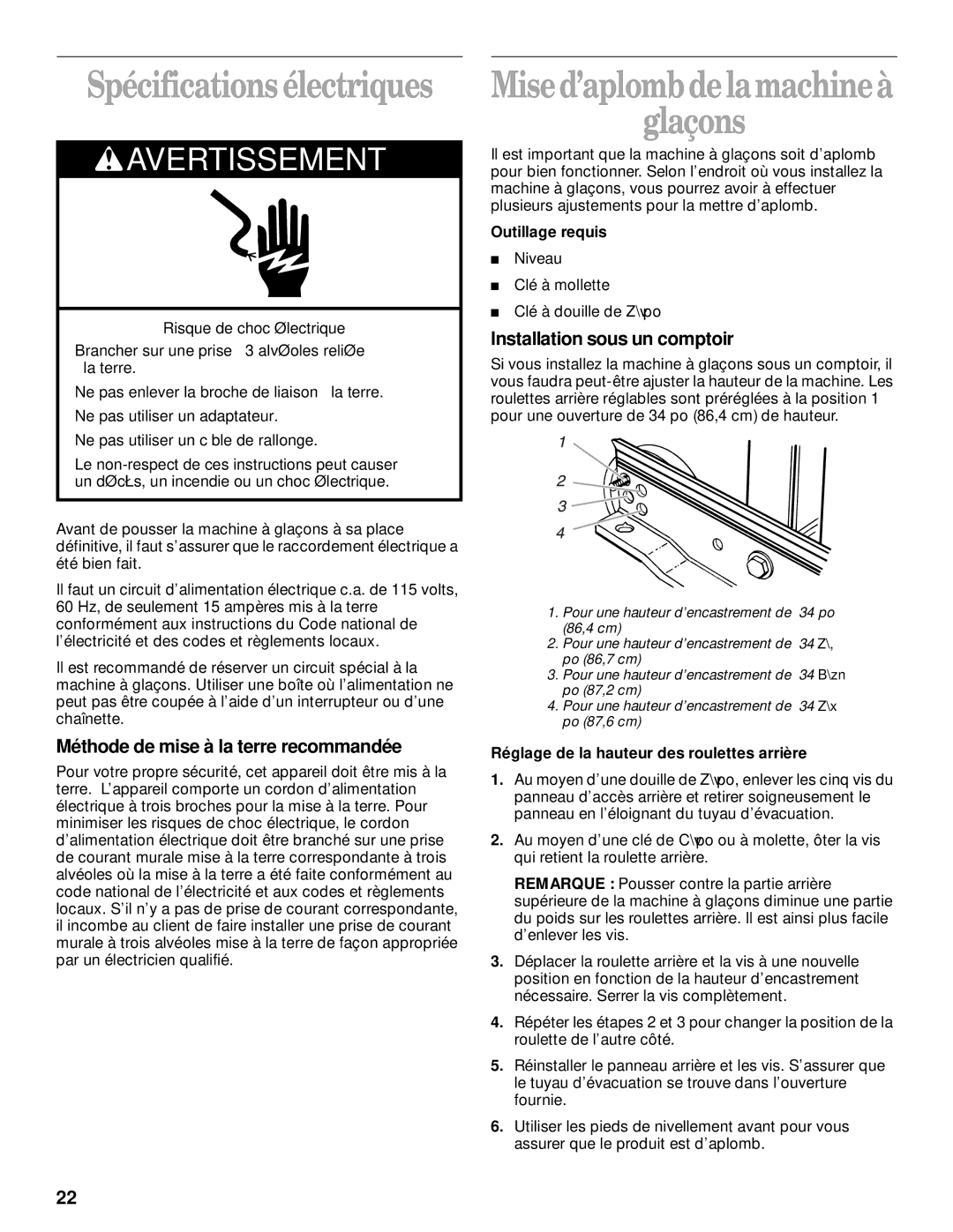 Whirlpool 2208357 Spécificationsélectriques, Mised’aplombdelamachineà Glaçons, Méthode de mise à la terre recommandée 