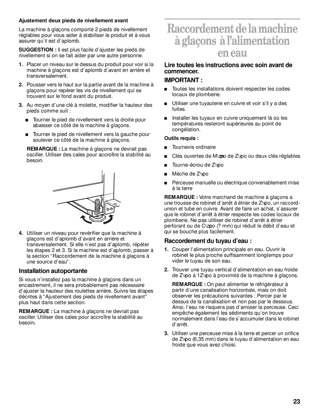 Whirlpool 2208357 Raccordement delamachine àglaçons àl’alimentation eneau, Raccordement du tuyau d’eau, Outils requis 