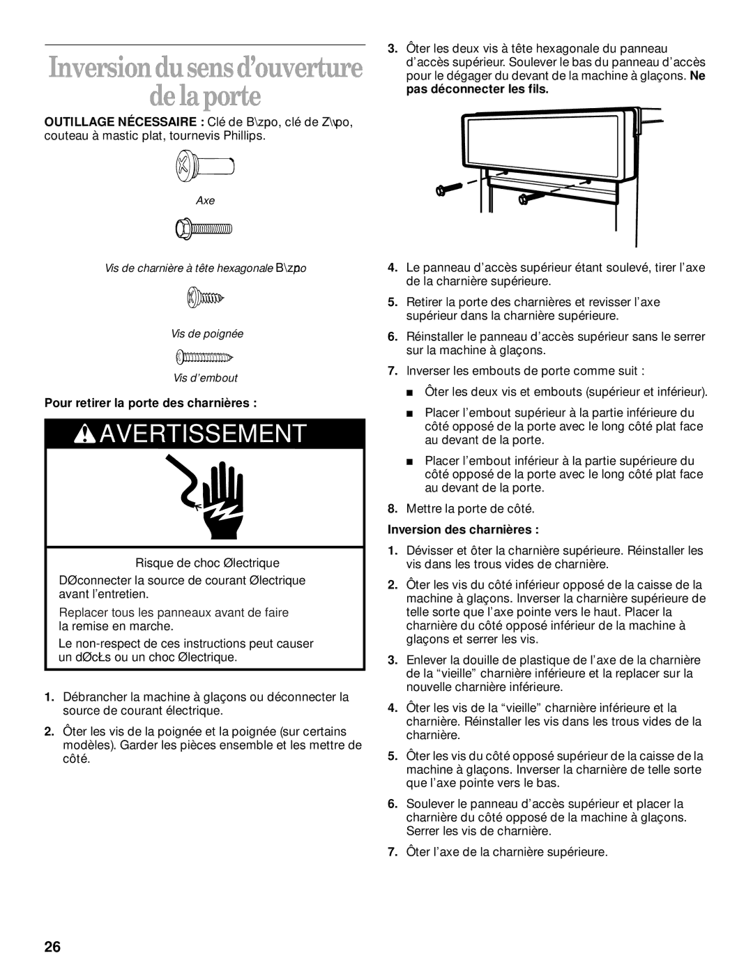 Whirlpool 2208357 manual Delaporte, Pour retirer la porte des charnières, Inversion des charnières 