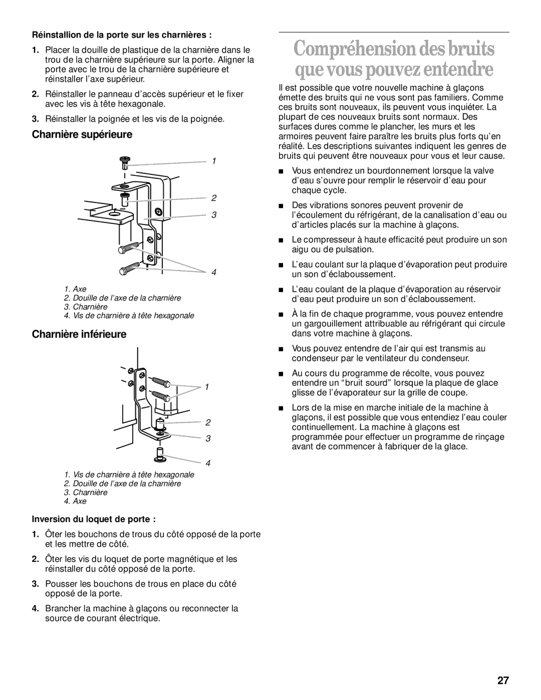 Whirlpool 2208357 manual Charnière supérieure, Charnière inférieure, Réinstallion de la porte sur les charnières 