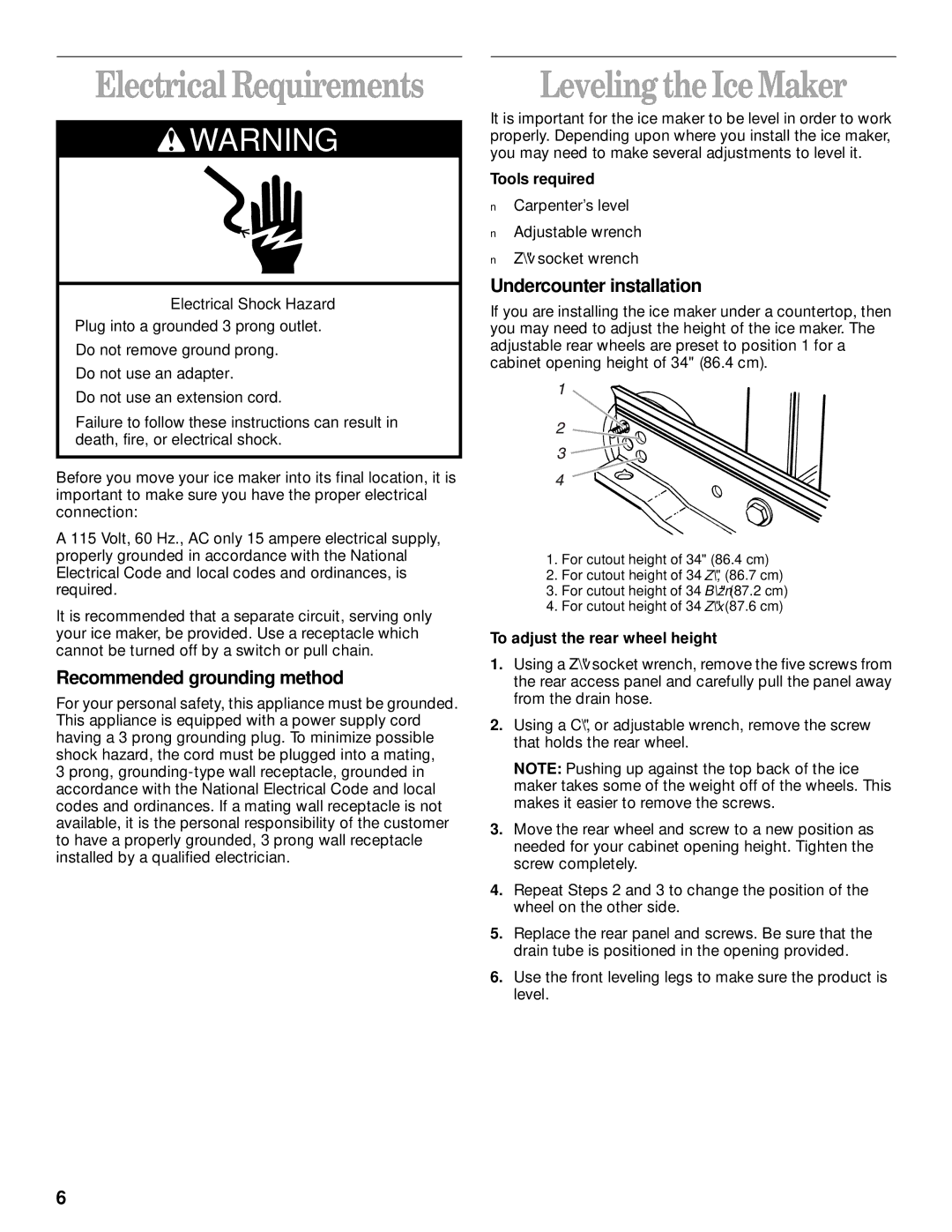 Whirlpool 2208357 Electrical Requirements, Levelingthe Ice Maker, Recommended grounding method, Undercounter installation 