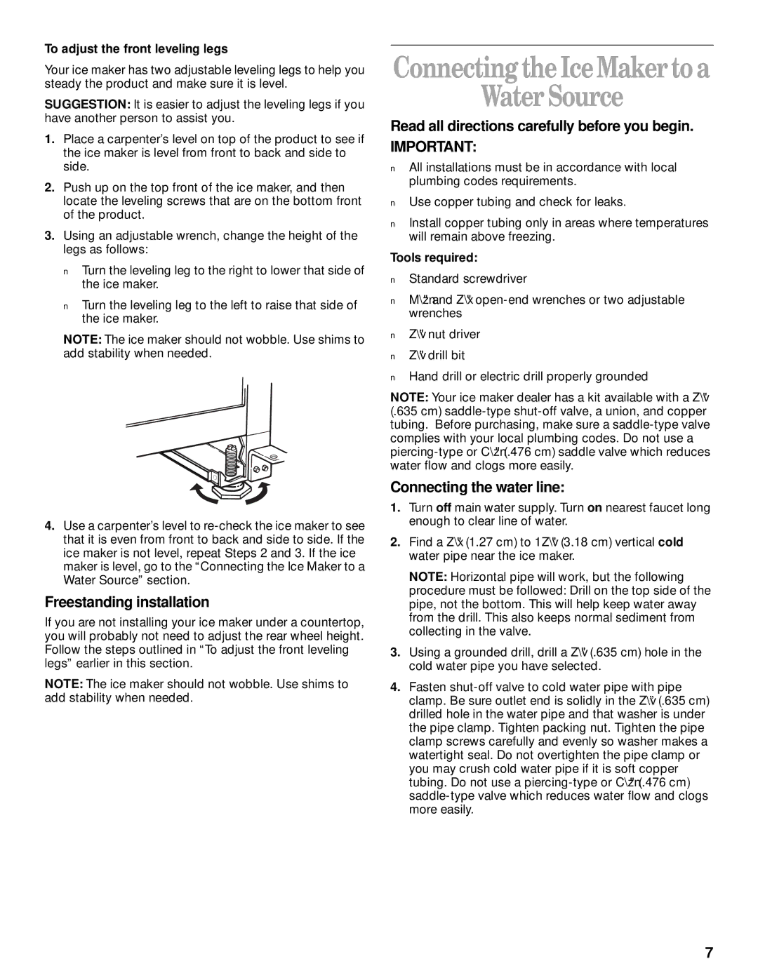 Whirlpool 2208357 manual ConnectingtheIceMakertoa Water Source, Freestanding installation, Connecting the water line 