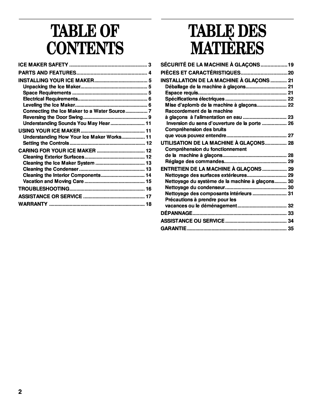 Whirlpool 2208357 manual Table Of, Contents, Table Des, Matières, Sécurité De La Machine À Glaçons 