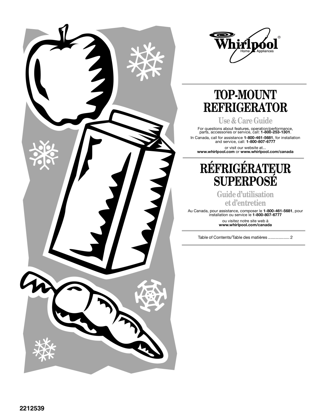 Whirlpool 2212539 manual Top-Mount Refrigerator, Réfrigérateur Superposé, Use & Care Guide 
