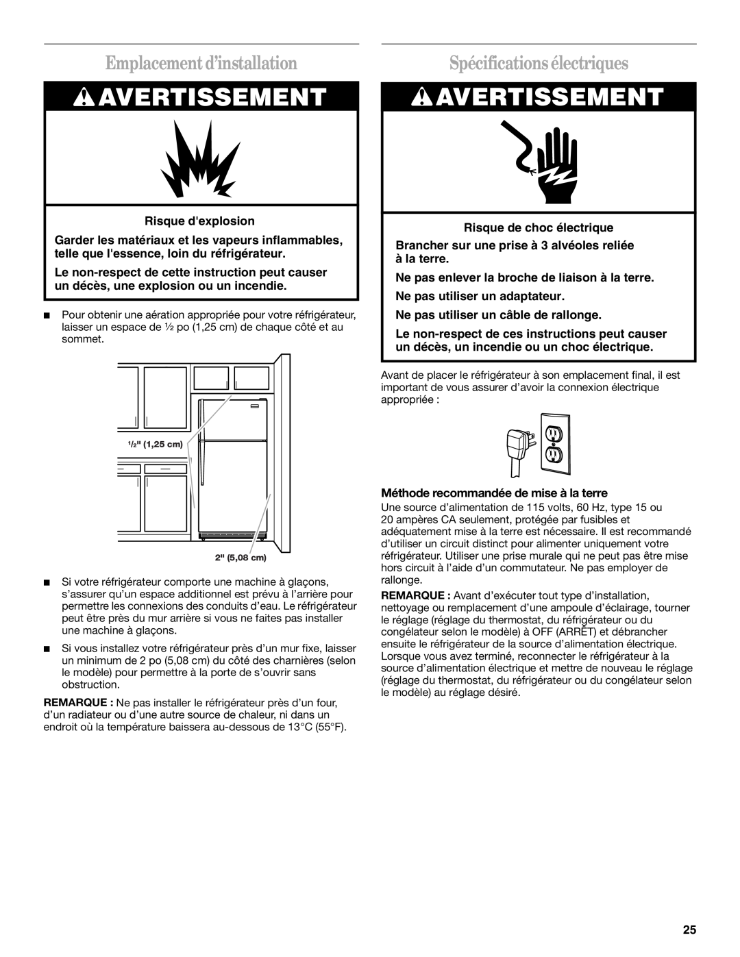 Whirlpool 2212539 manual Emplacement d’installation, Spécifications électriques, Avertissement, Risque dexplosion 