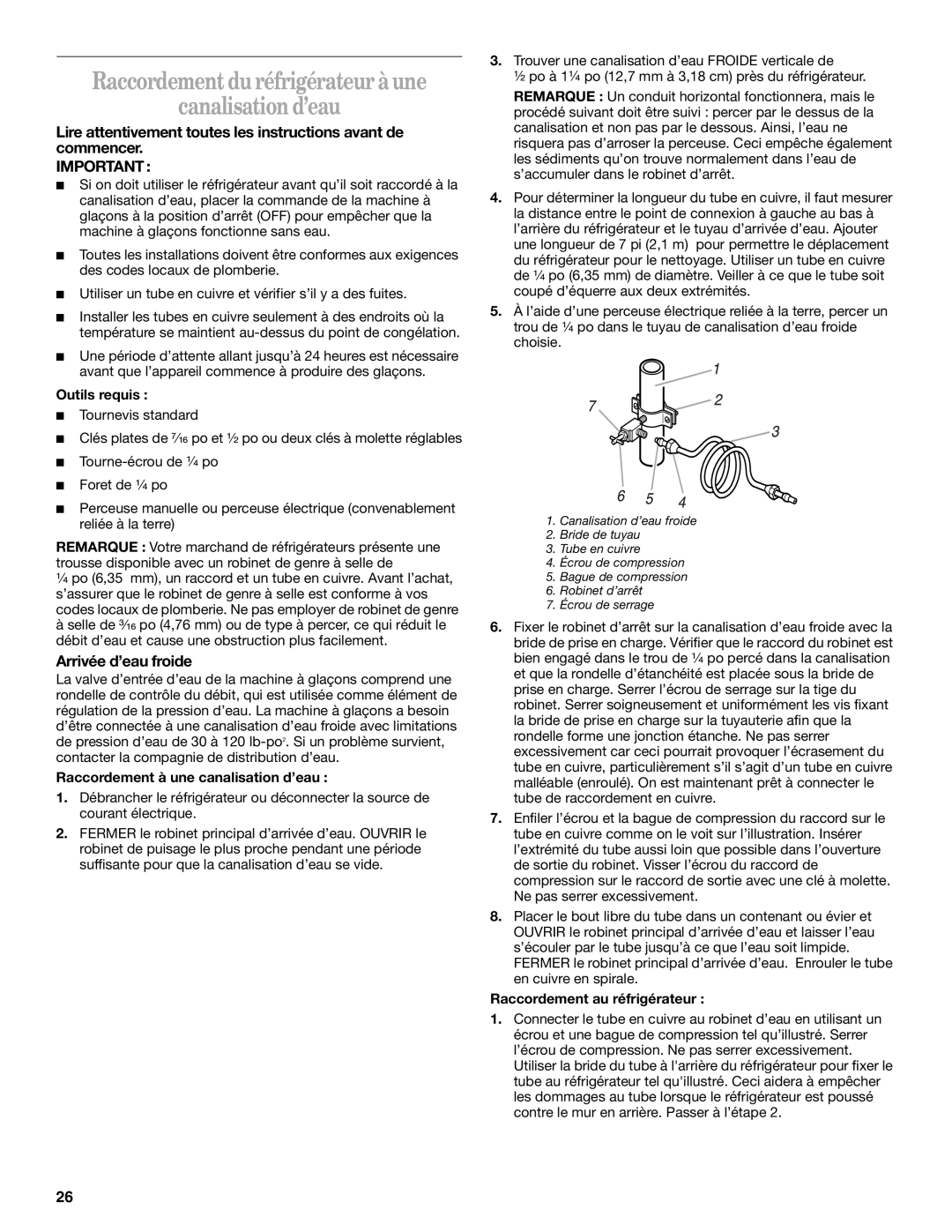 Whirlpool 2212539 manual Raccordement du réfrigérateur à une canalisation d’eau, Arrivée d’eau froide, Outils requis 