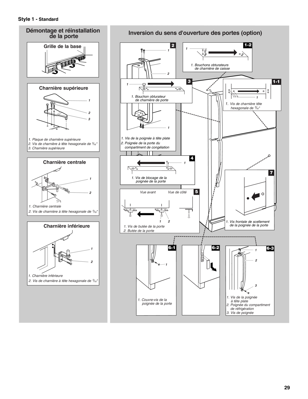 Whirlpool 2212539 manual Démontage et réinstallation de la porte, Inversion du sens douverture des portes option 