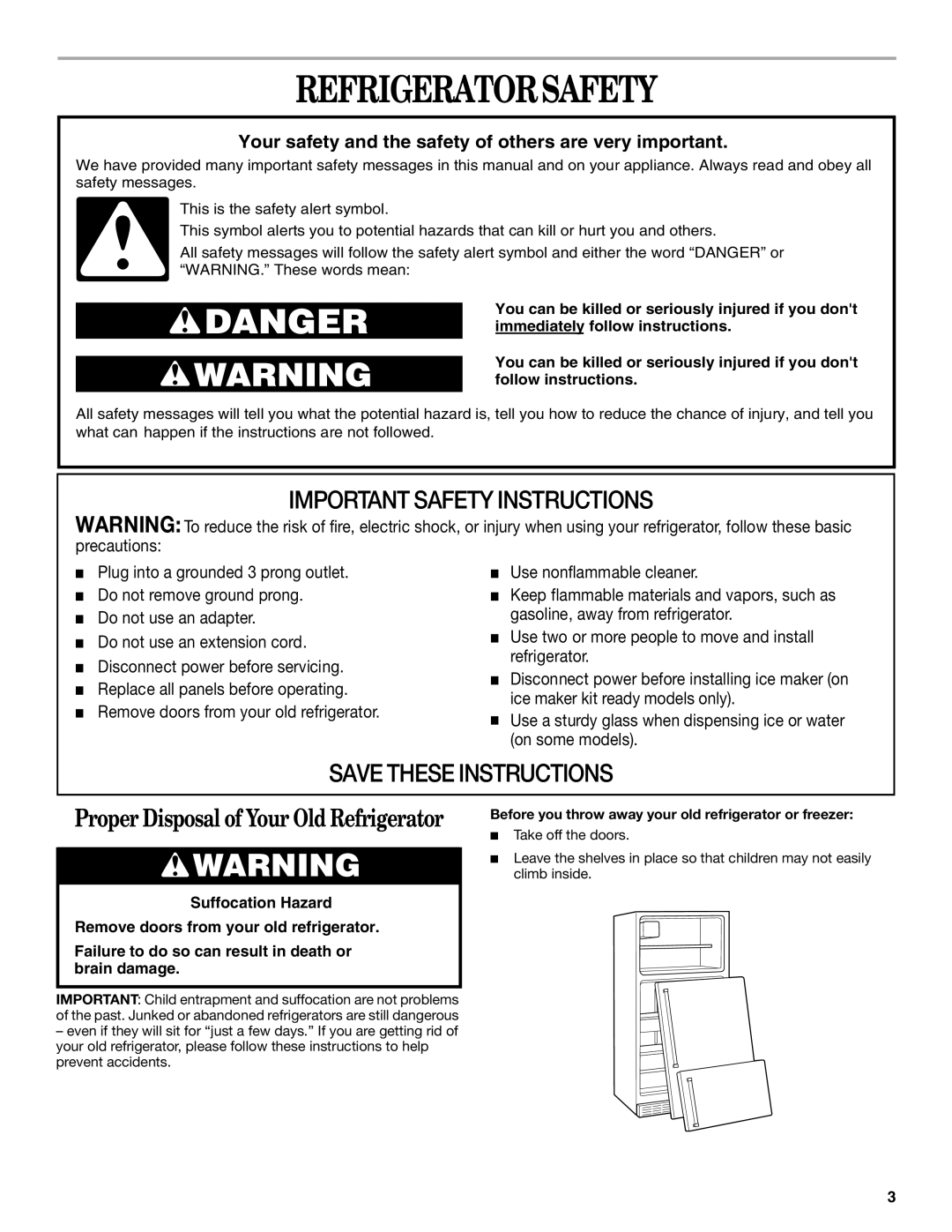 Whirlpool 2212539 manual Refrigeratorsafety, Proper Disposal of Your Old Refrigerator, Important Safety Instructions 