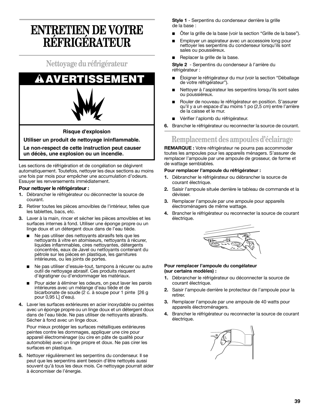 Whirlpool 2212539 Entretien De Votre, Nettoyage du réfrigérateur, Remplacement des ampoules d’éclairage, Réfrigérateur 