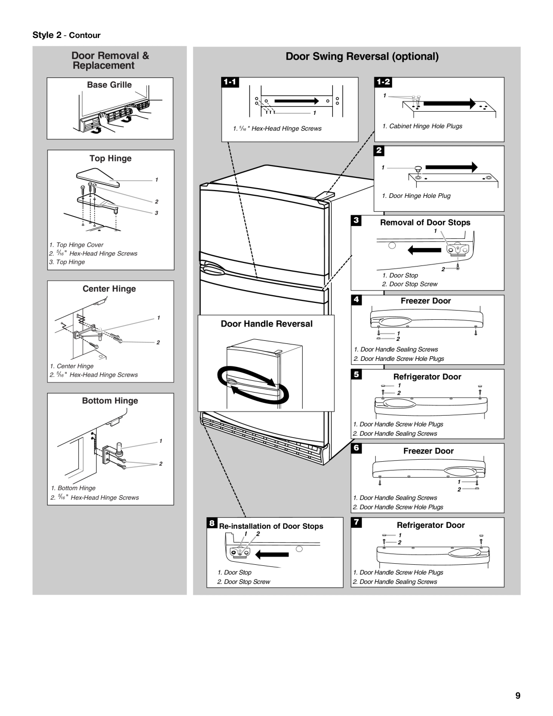 Whirlpool 2212539 manual Door Removal Replacement, Door Swing Reversal optional, Style 2 - Contour, Base Grille Top Hinge 