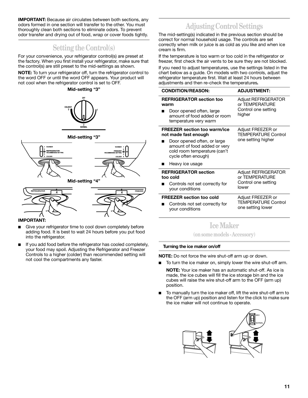 Whirlpool 2218585 manual Setting the Controls, Adjusting Control Settings, Ice Maker 