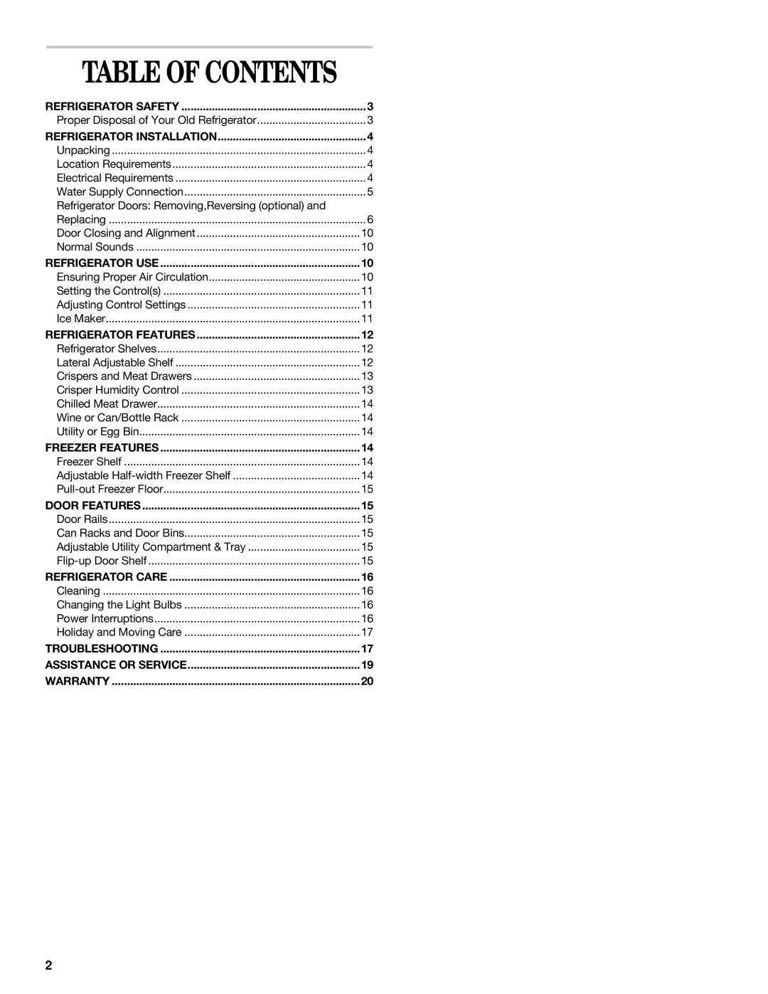 Whirlpool 2218585 manual Table of Contents 