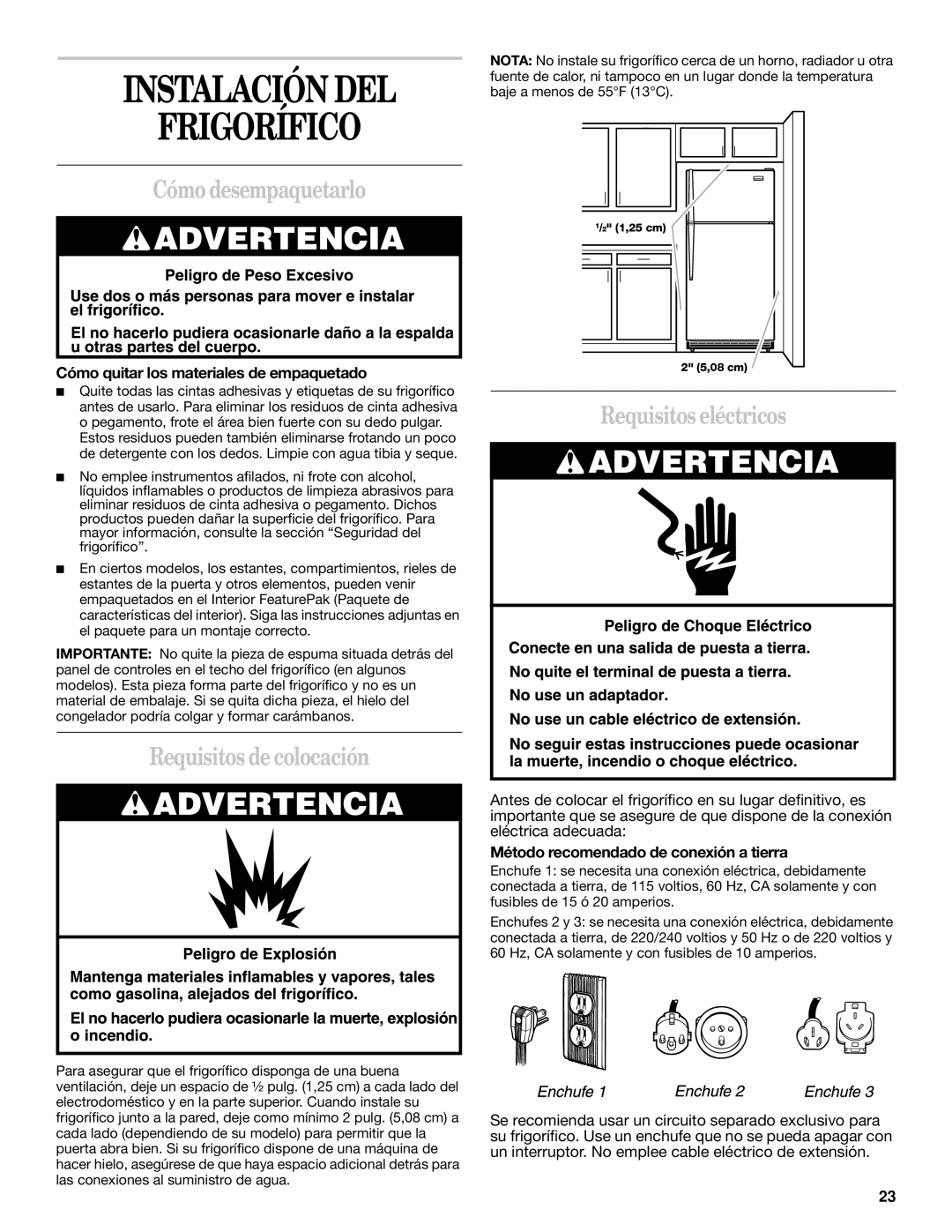 Whirlpool 2218585 manual Instalación DEL Frigorífico, Cómo desempaquetarlo, Requisitos de colocación, Requisitos eléctricos 