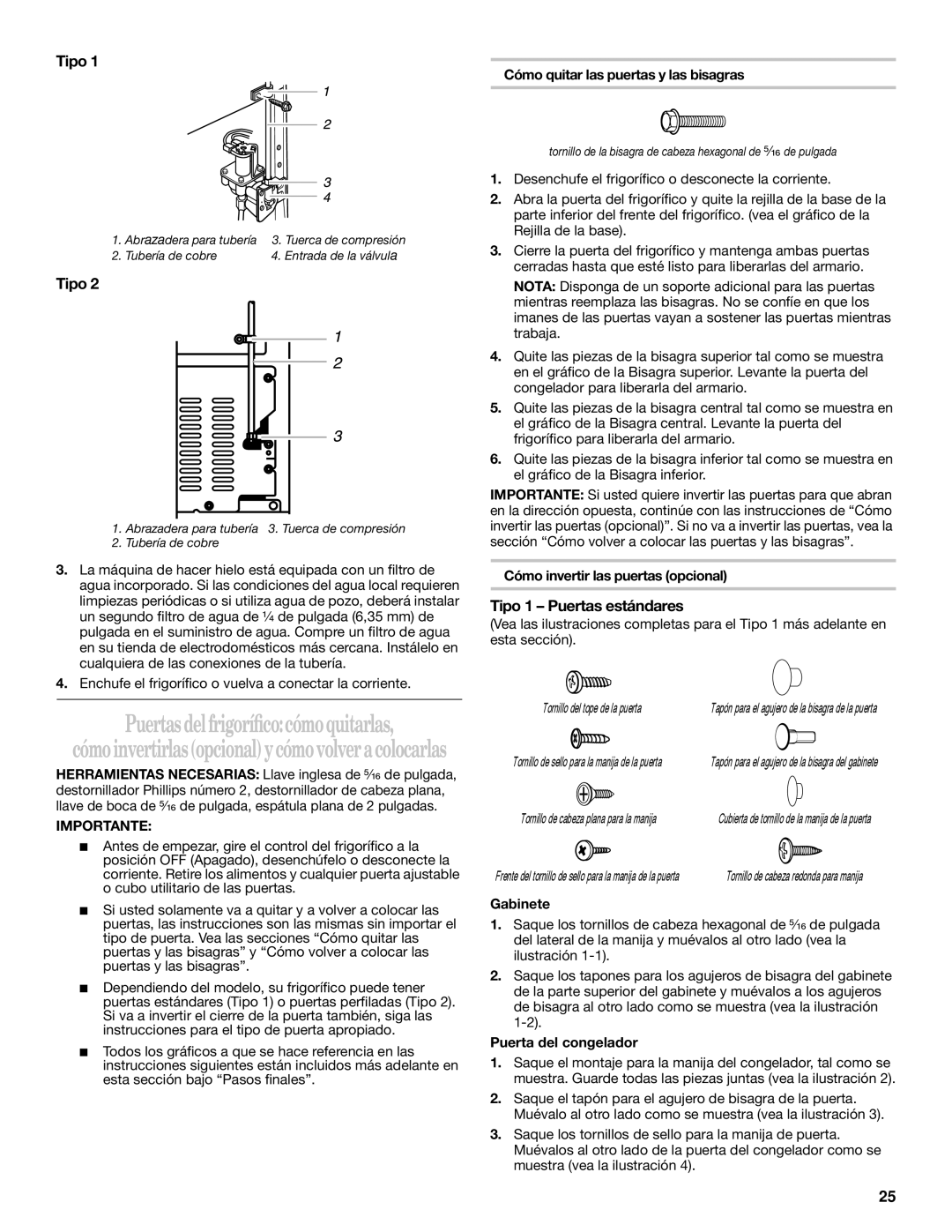 Whirlpool 2218585 manual Tipo 1 Puertas estándares 