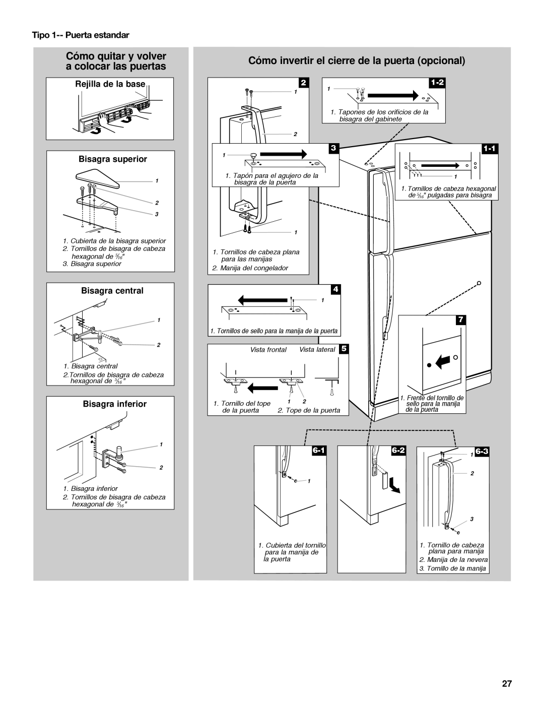 Whirlpool 2218585 manual Cómo quitar y volver a colocar las puertas, Tipo 1-- Puerta estandar 