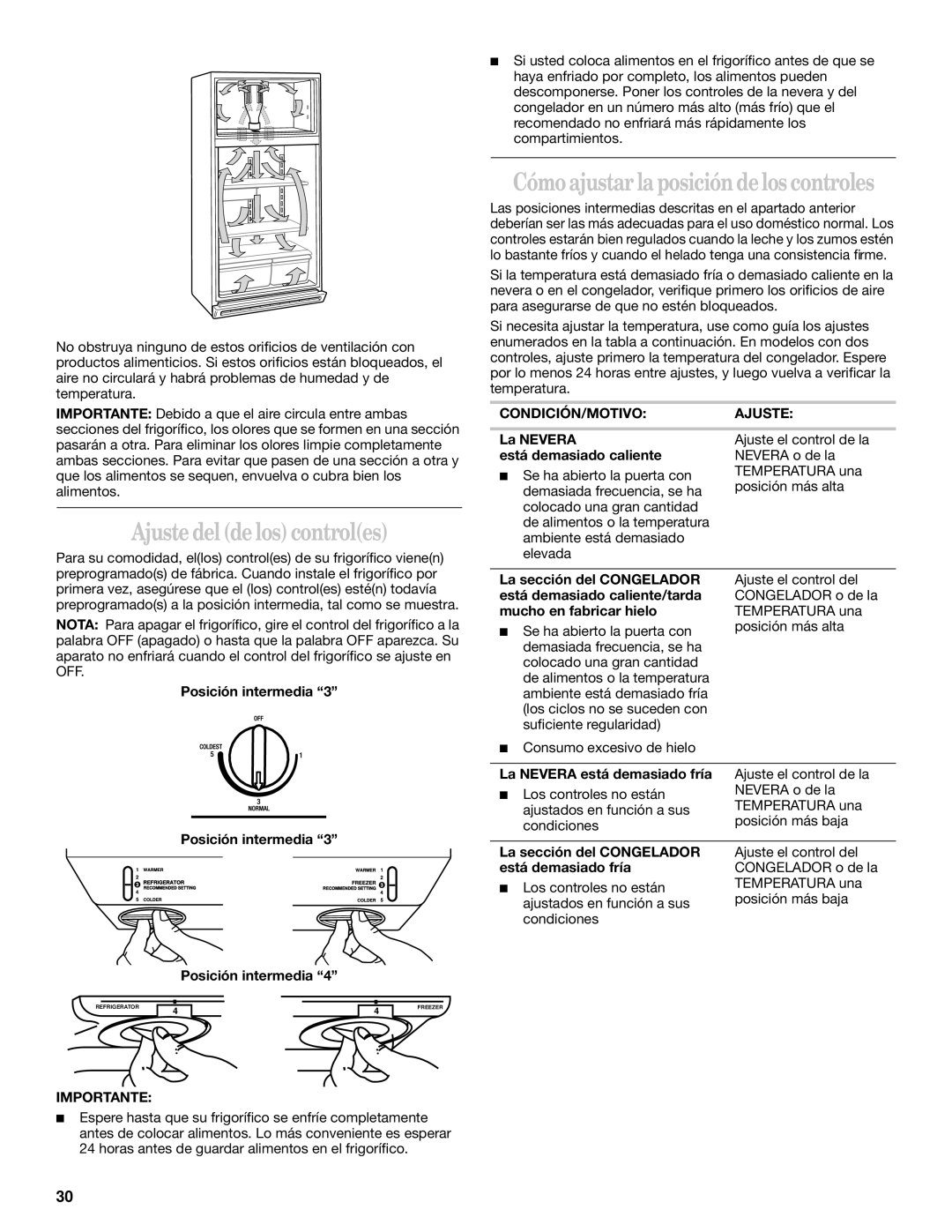 Whirlpool 2218585 manual Ajuste del de los controles, Cómo ajustar la posición de los controles 