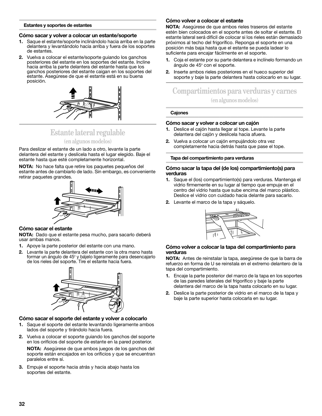 Whirlpool 2218585 manual Estante lateral regulable, Compartimientos para verduras y carnes 