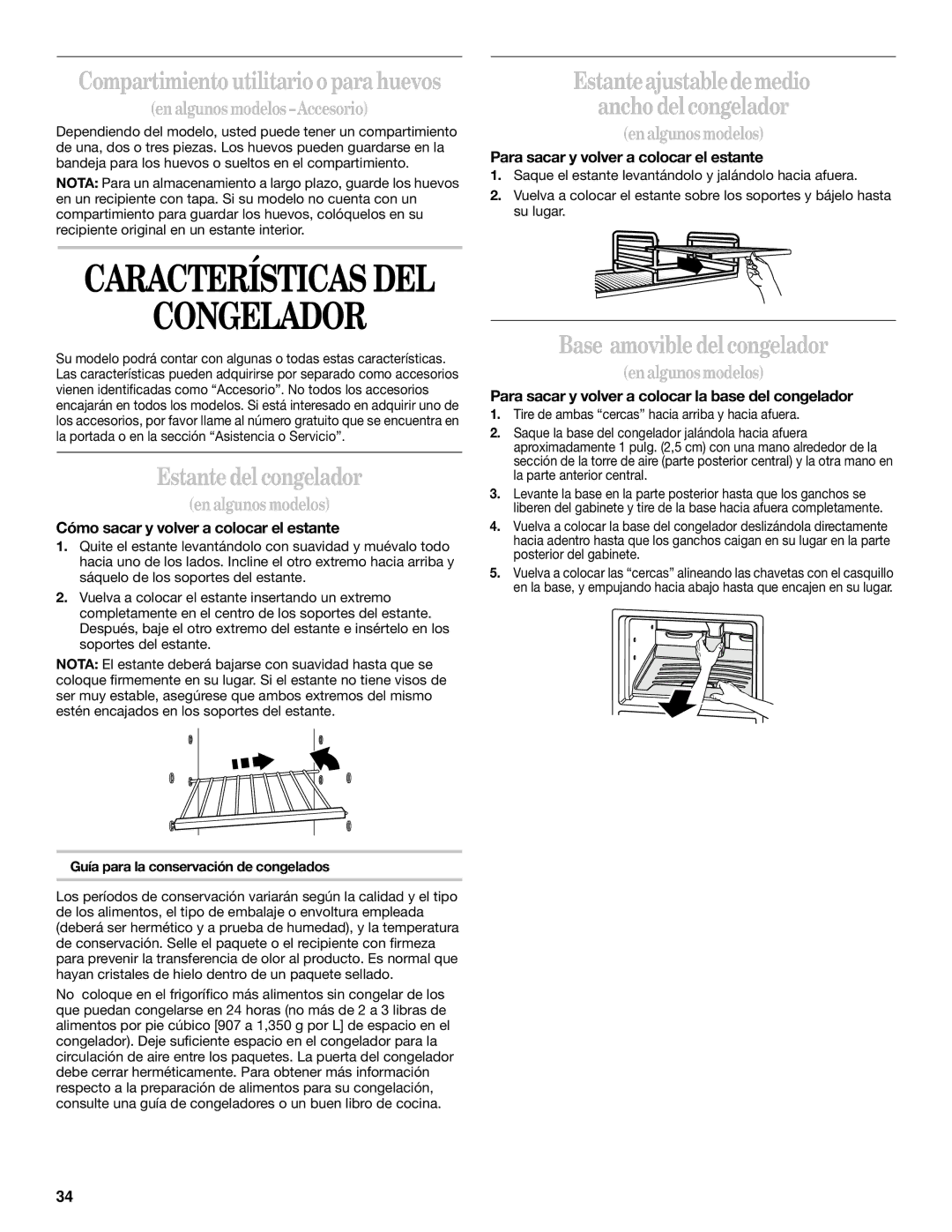 Whirlpool 2218585 manual Estante del congelador, Base amovible del congelador, Cómo sacar y volver a colocar el estante 