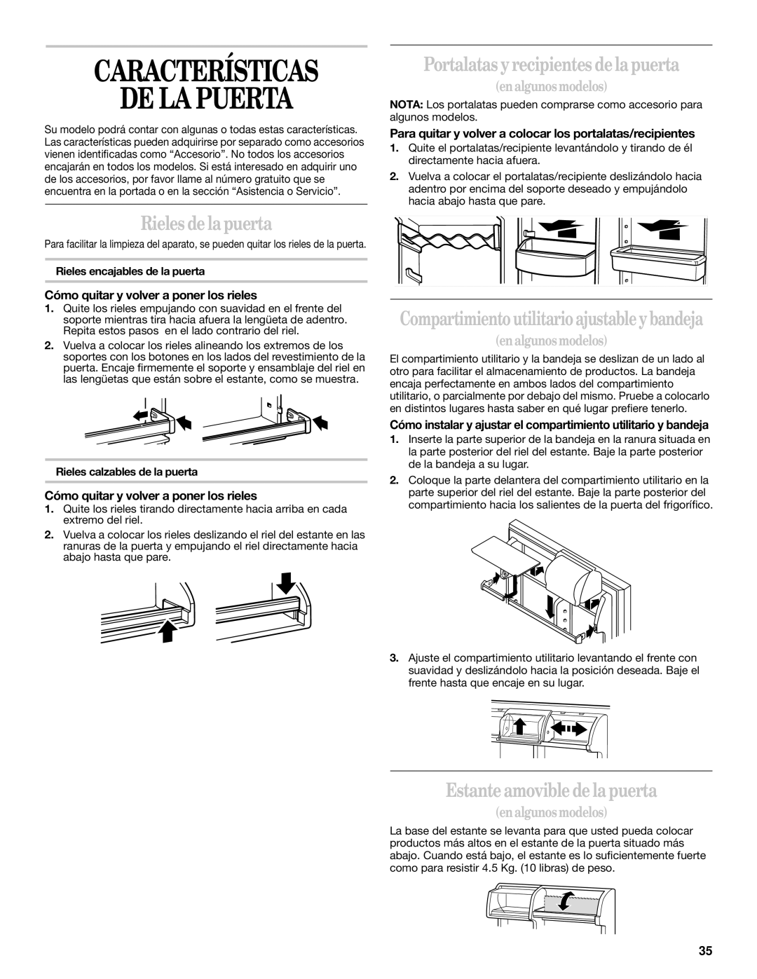 Whirlpool 2218585 manual Características DE LA Puerta, Rieles de la puerta, Portalatas y recipientes de la puerta 