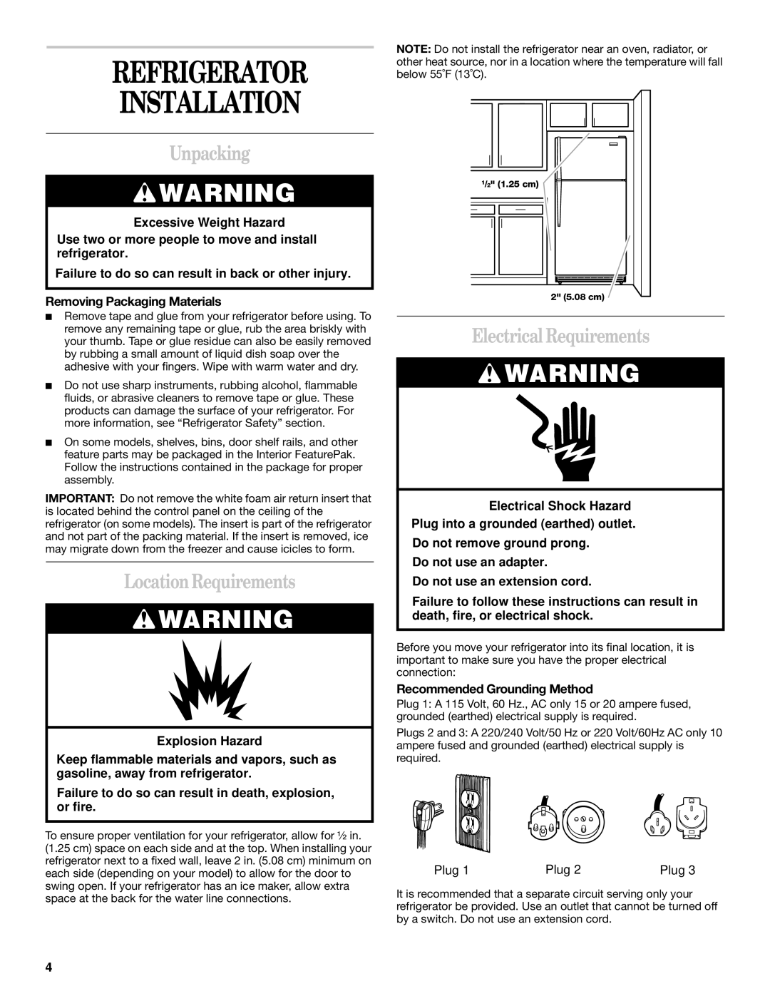 Whirlpool 2218585 manual Refrigerator Installation, Unpacking, Location Requirements, Electrical Requirements 