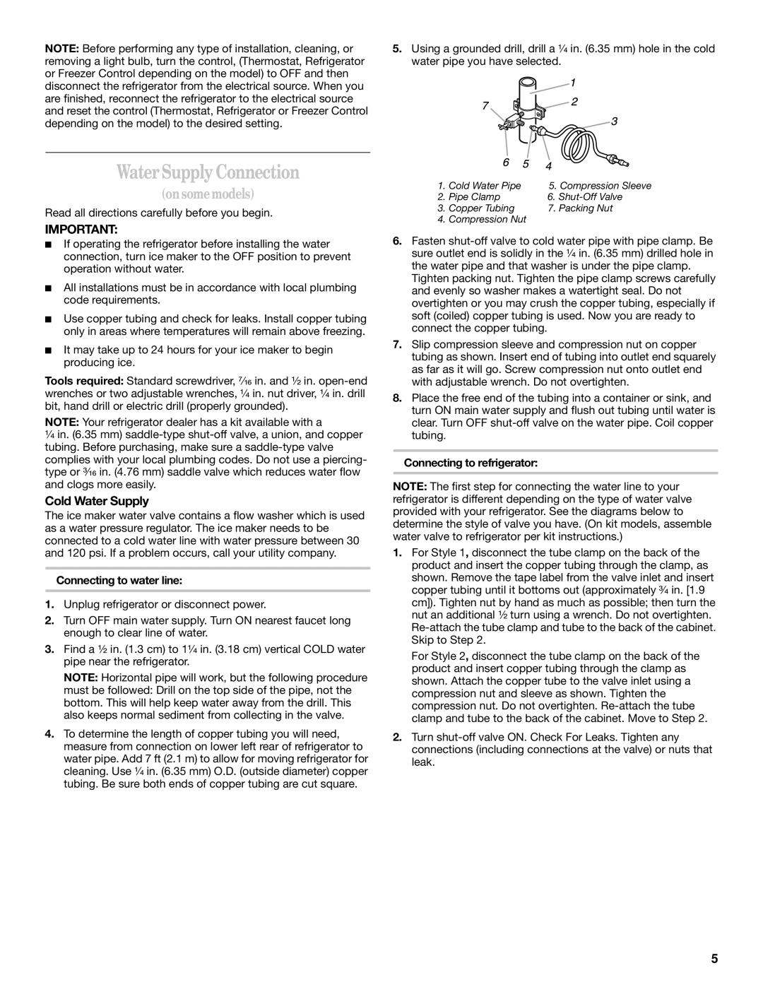 Whirlpool 2218585 manual Water Supply Connection, Cold Water Supply, Connecting to water line, Connecting to refrigerator 