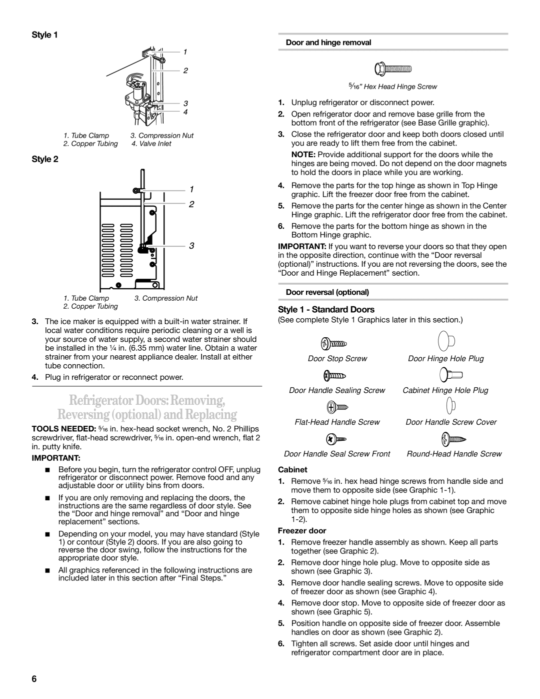 Whirlpool 2218585 manual Refrigerator DoorsRemoving Reversing optional and Replacing, Style 1 Standard Doors 