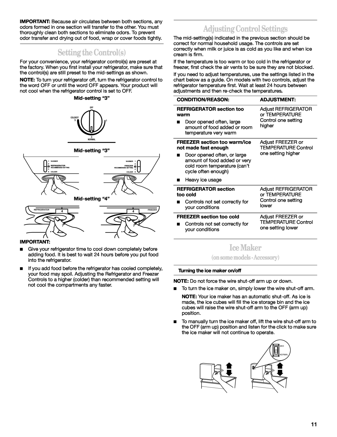 Whirlpool 2218585 manual Setting the Controls, Adjusting Control Settings, Ice Maker, on some models -Accessory 