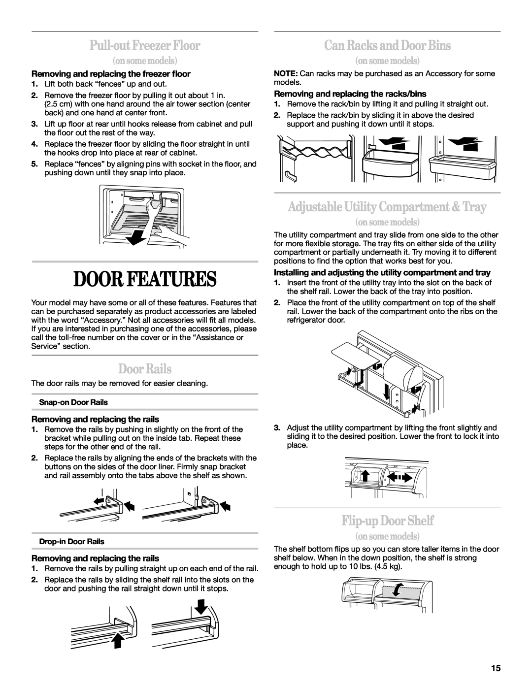 Whirlpool 2218585 manual Door Features, Pull-out Freezer Floor, Can Racks and Door Bins, Door Rails, Flip-up Door Shelf 
