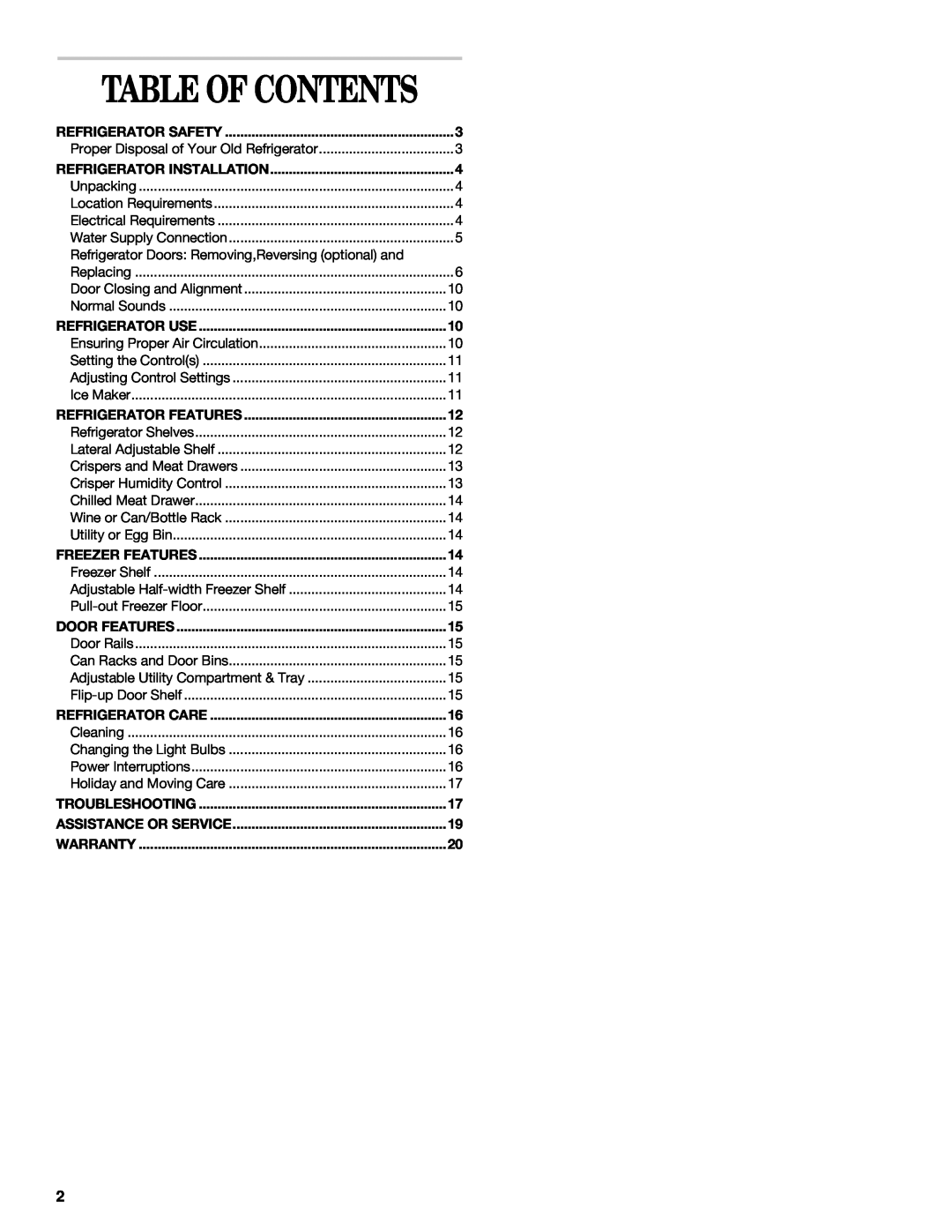 Whirlpool 2218585 manual Table Of Contents 