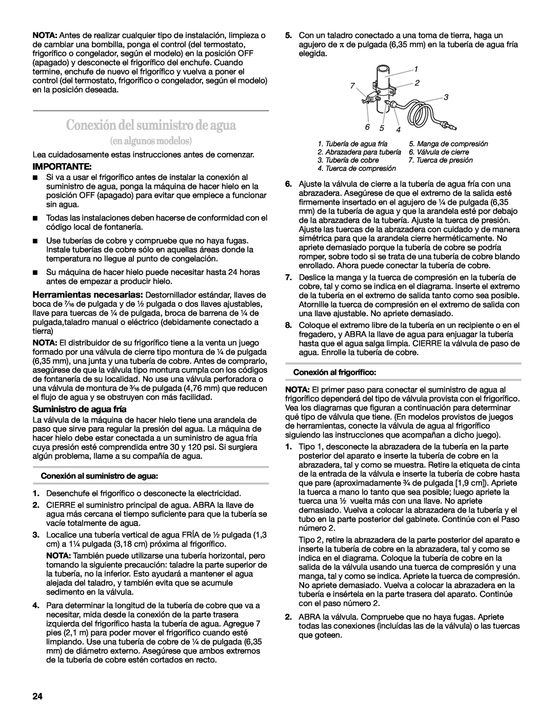 Whirlpool 2218585 manual Conexión del suministro de agua, en algunos modelos, Importante, Suministro de agua fría 