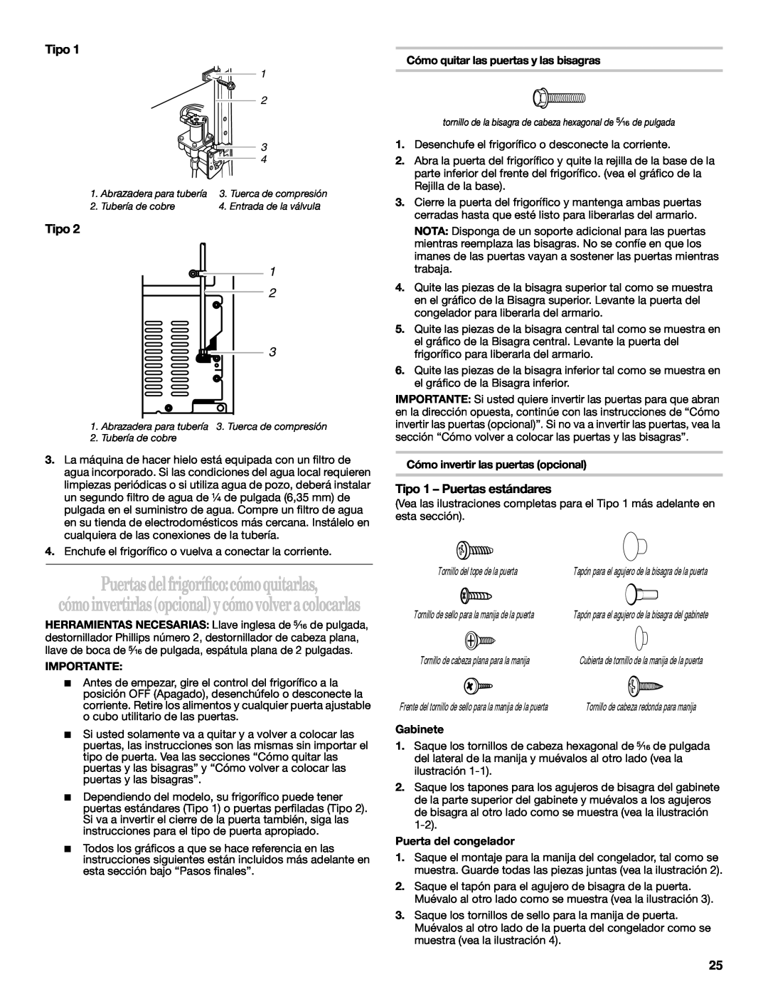 Whirlpool 2218585 manual Puertasdelfrigoríﬁcocómoquitarlas, cómoinvertirlasopcionalycómovolveracolocarlas, Tipo 