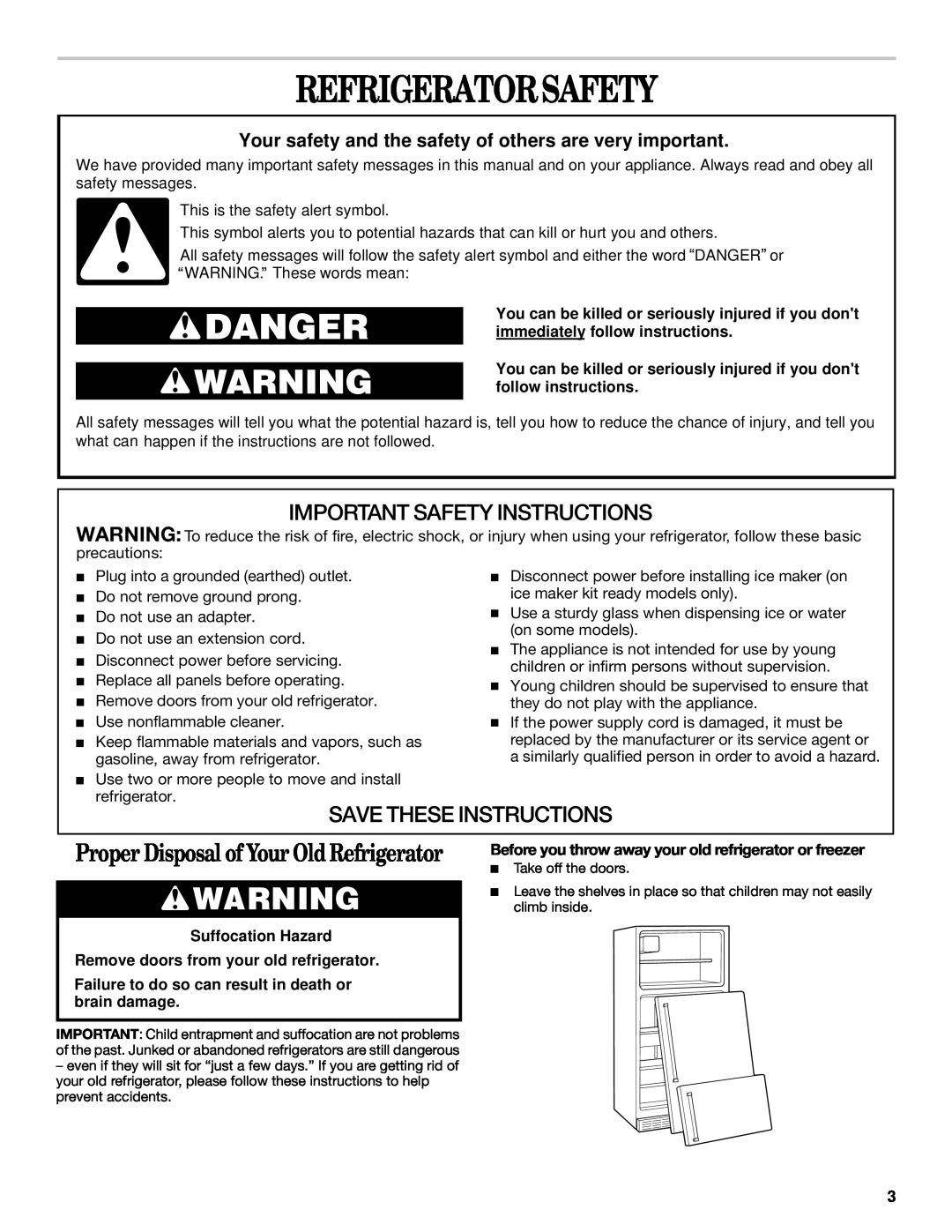 Whirlpool 2218585 Refrigeratorsafety, Your safety and the safety of others are very important, Save These Instructions 